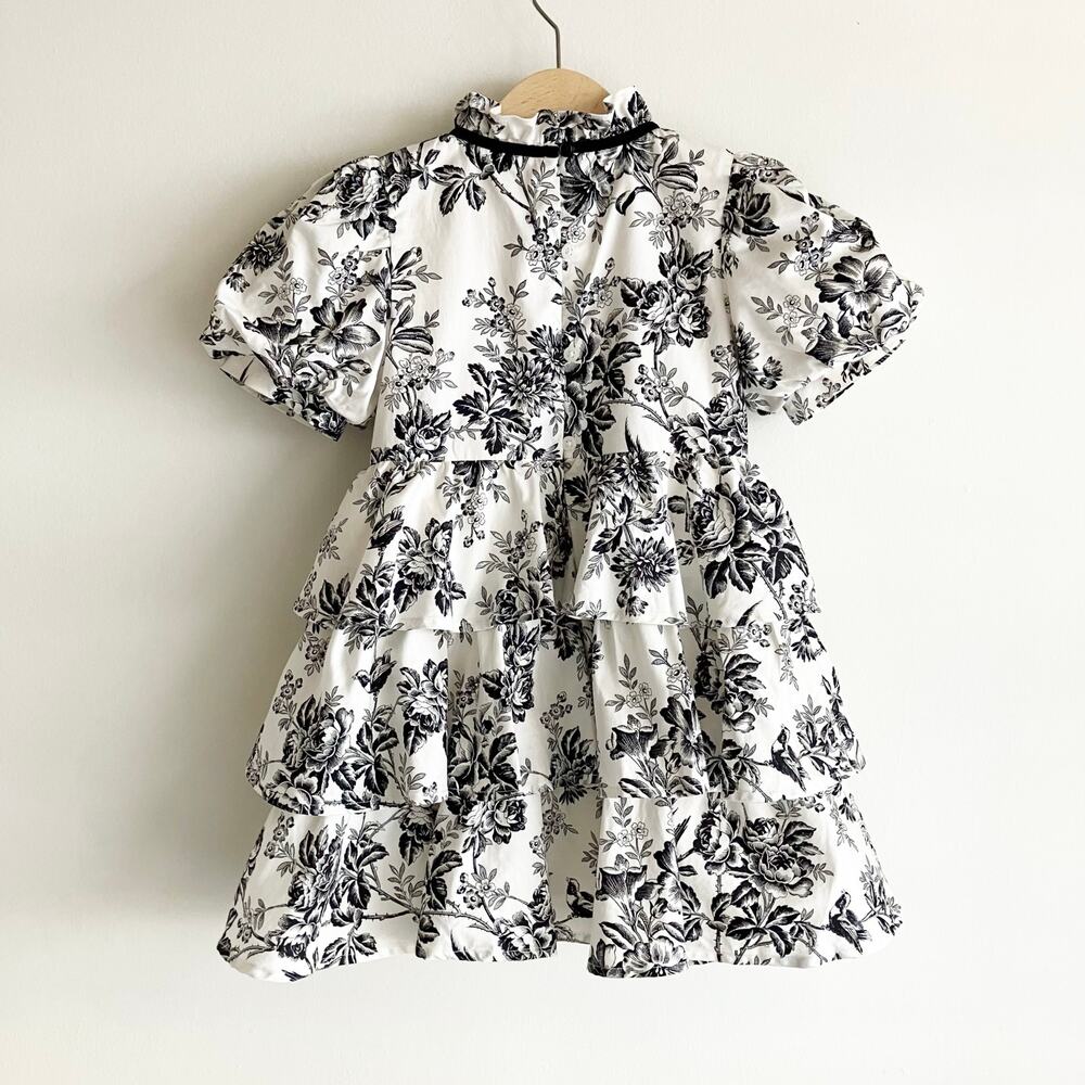 Janie and Jack Girls Dress Sz 4 Floral Print Black White Puff Sleeve Tiered - Picture 4 of 9
